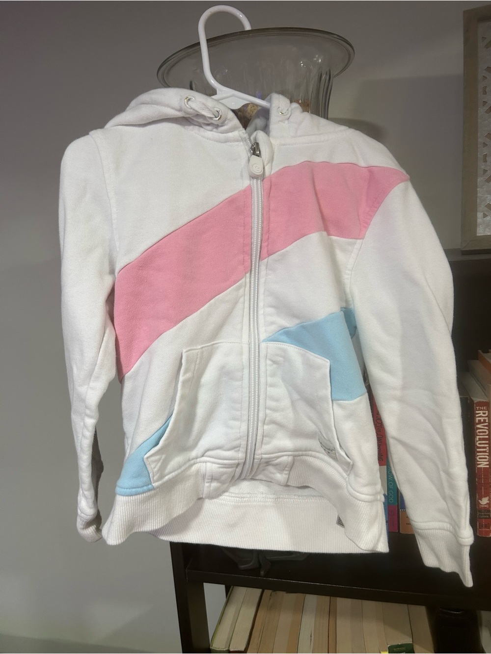 Girls' White Hooded Zip Sweatshirt with Pink & Light Blue Accents